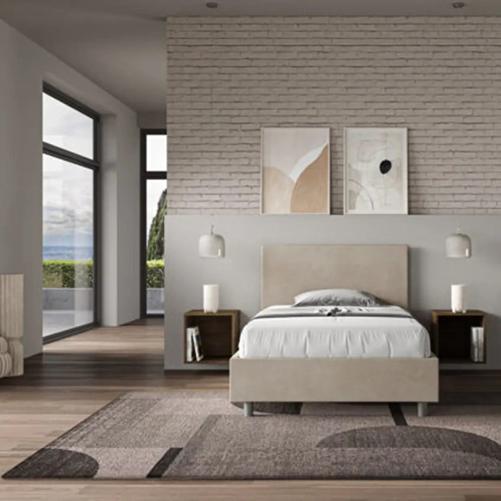 Letto una piazza e mezza contenitore imbottito 120x200 microfibra sabbia Adele