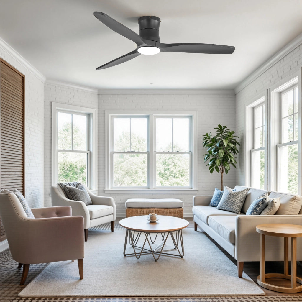 Ventilatore da soffitto a profilo basso con luce LED dimmerabile; motore DC reversibile e telecomando a 6 velocità