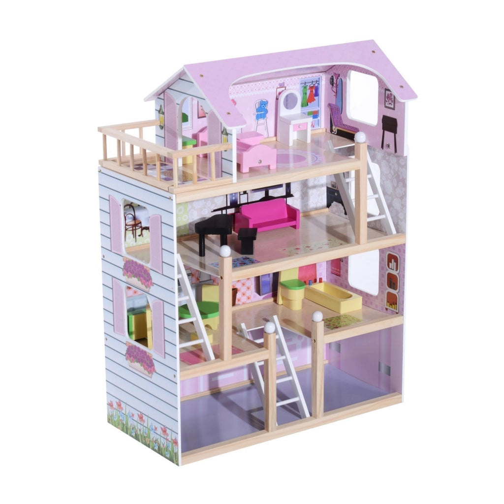 Casa delle Bambole per Bambini 3+ Anni in Legno di Pino e MDF a 4 Piani con 13 Accessori, Rosa, 60x30x80 cm