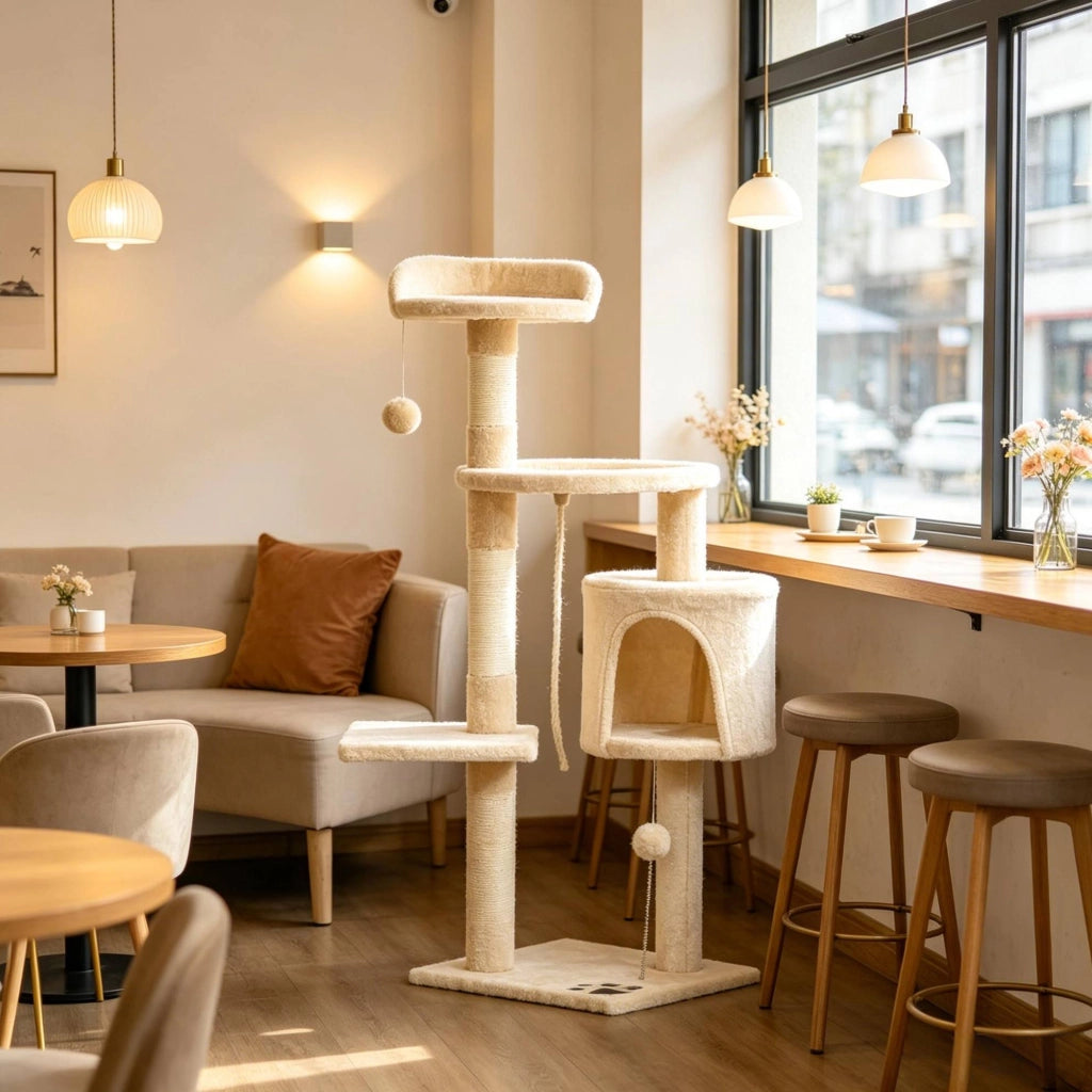 Albero tiragraffi beige a 4 livelli con cuccia e amaca