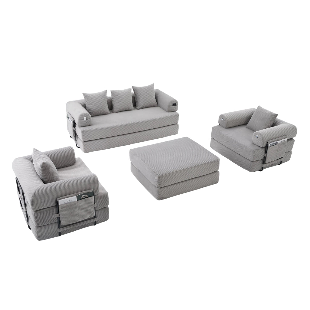 Set divano modulare 3 posti con poltrona e pouf in velluto a coste grigio chiaro
