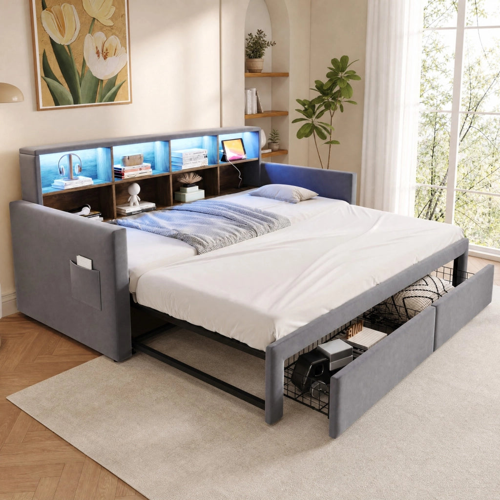 Divano letto imbottito estensibile con contenitore e luce LED