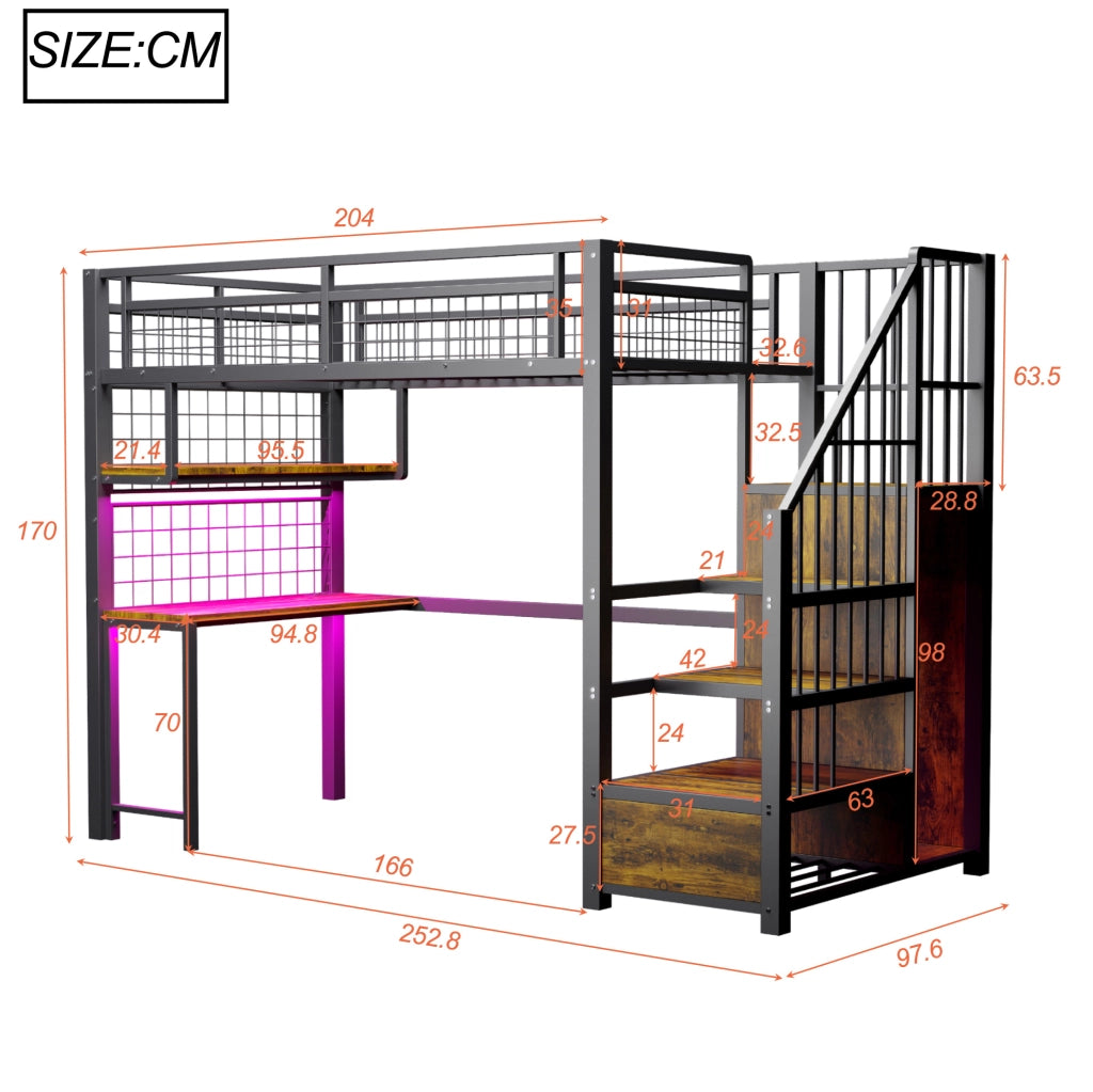 Letto a soppalco 90x200 cm con scrivania LED; prese e scala contenitore nero