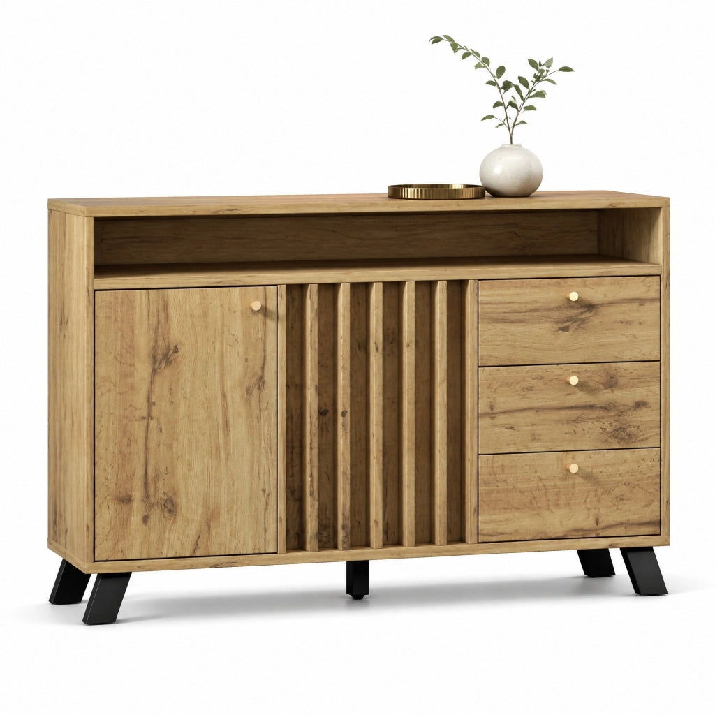 Credenza vintage con 3 cassetti; 2 ante e vano aperto 120x40x85 cm; rovere scuro