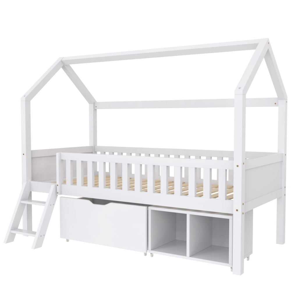 Letto a soppalco per bambini 200x90 cm con cassetti e ripiani, barriera anti-caduta, bianco, in legno di pino