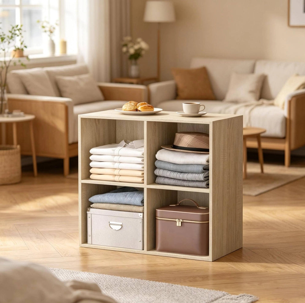 Libreria a cubi compatta in legno E1 60x60x29 cm con 4 scomparti, mobile aperto multifunzione per soggiorno e ufficio, colore legno chiaro