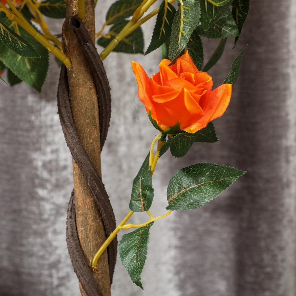 Pianta Finta di Rosa da 21 Fiori con Vaso Riempito in Cemento e Muschio, ?18x90 cm, Arancione