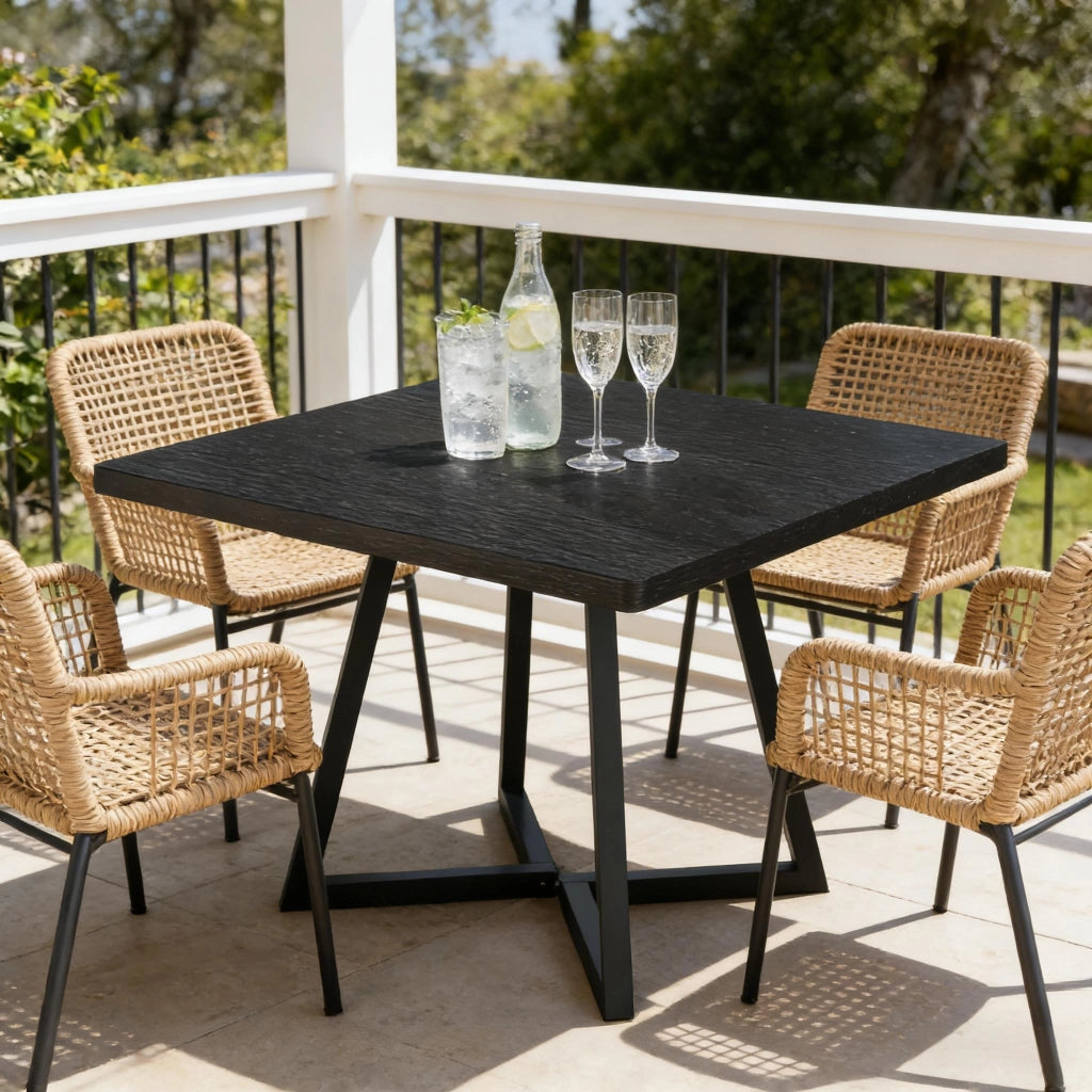 Tavolo quadrato da pranzo in MDF e metallo nero, stile rustico, compatto e versatile per casa