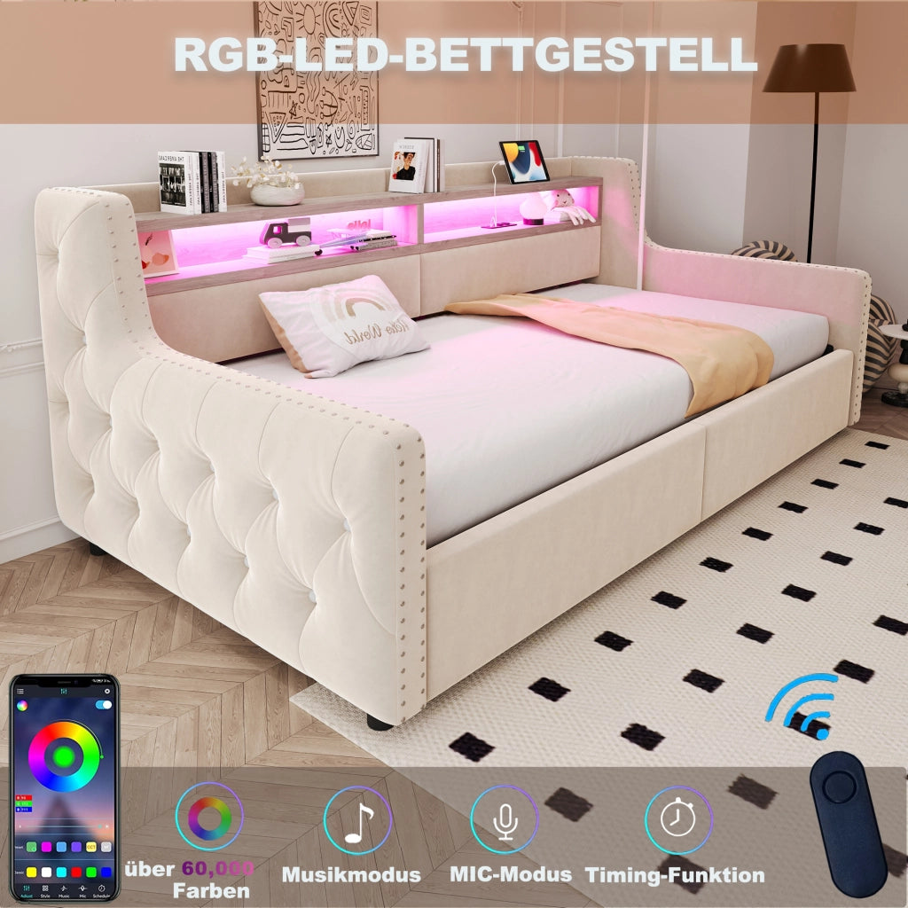 Letto divano 90 × 200 cm 1 posto con contenitore; LED; mensola; presa; USB e tipo C; senza materasso; beige