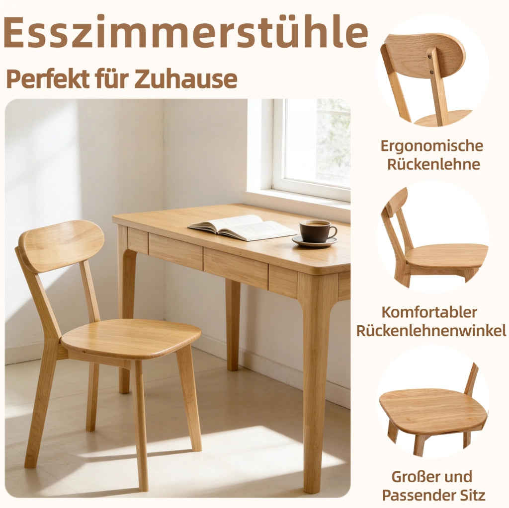 Set di 2 sedie da pranzo in legno massello, stile Mid-Century con schienale curvo e piedini regolabili, colore legno
