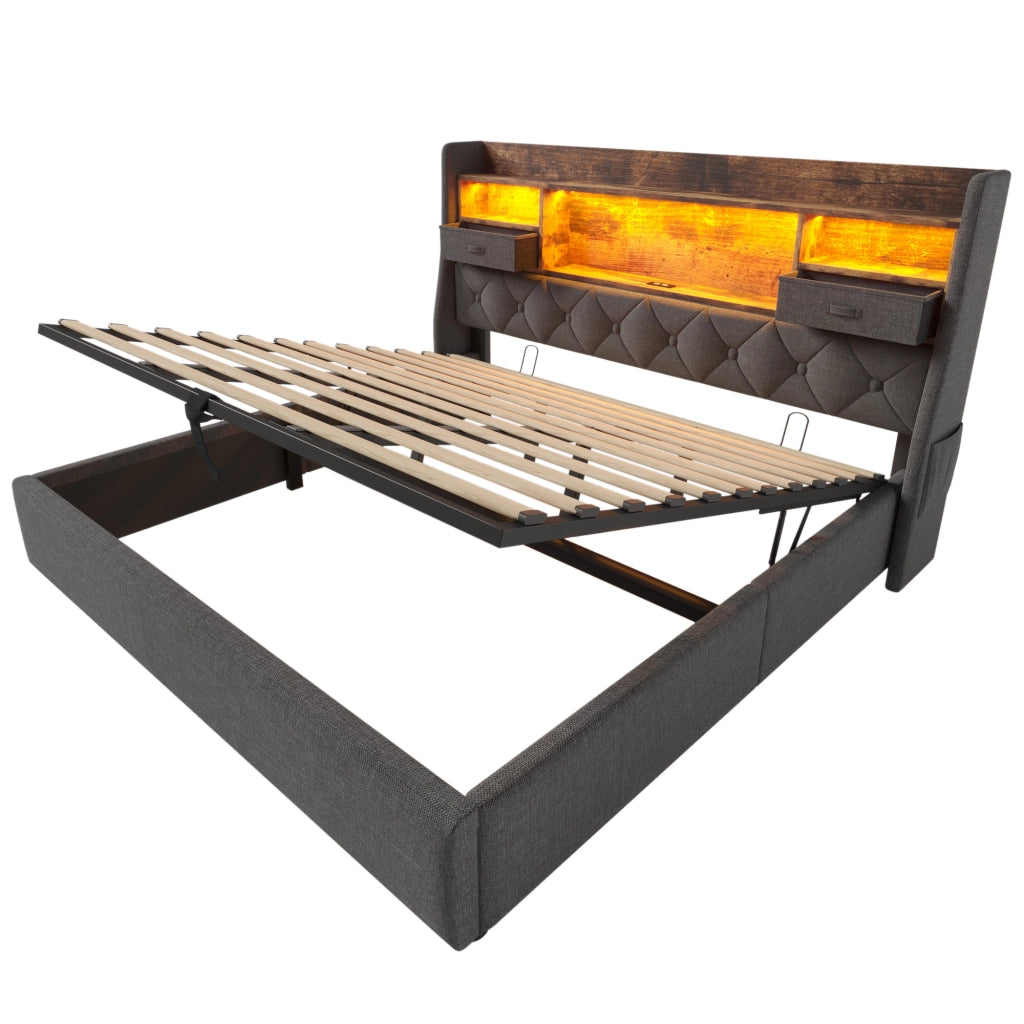 Letto matrimoniale 180 × 200 cm 2 posti con contenitore idraulico; LED; 3 USB e Type-C; senza materasso; in lino grigio