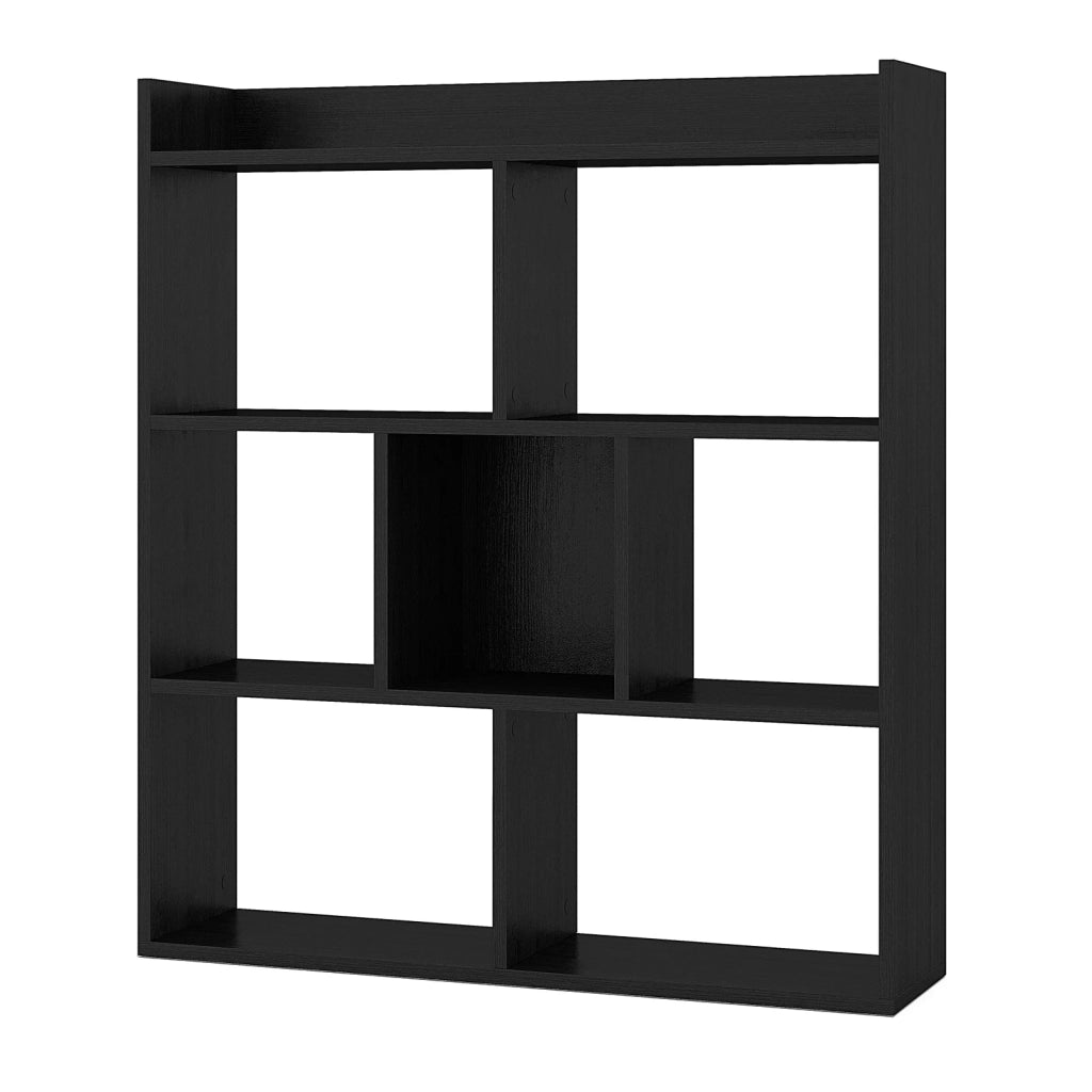 Libreria a 7 cubi con retro aperto nera, con dispositivi anti-ribaltamento, robusta e pratica per casa e ufficio