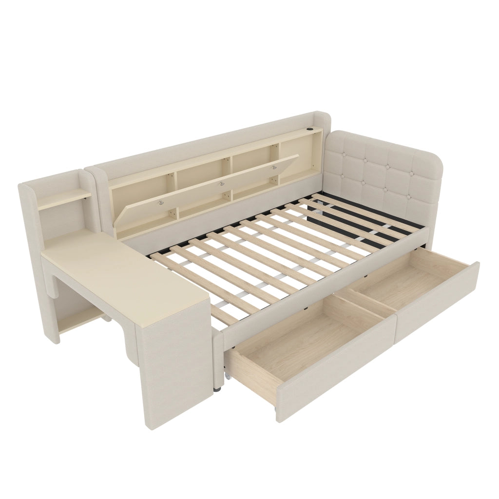 Letto divano singolo 90 × 200 cm con 2 cassetti; scrivania; USB e porta di tipo C; senza materasso; beige