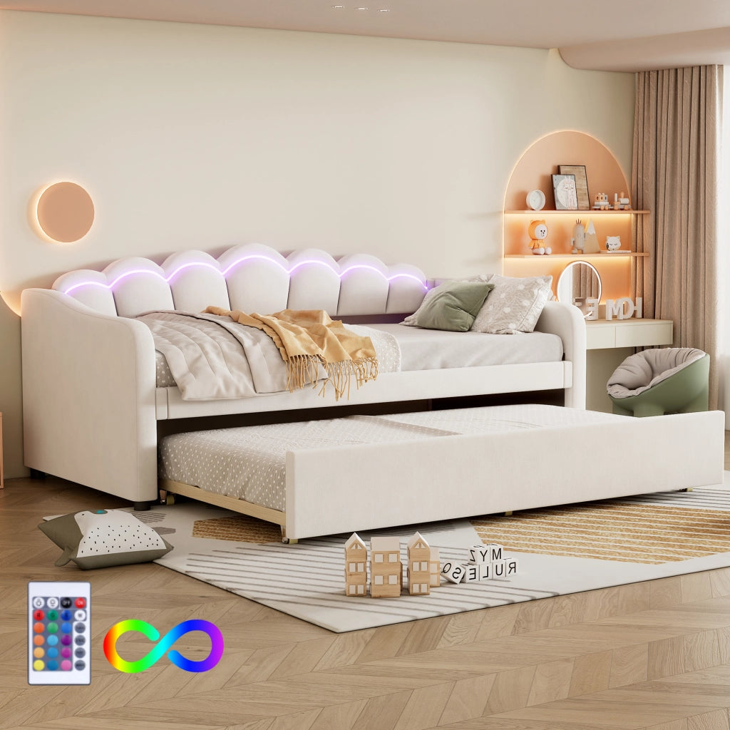 OKWISH Letto a Divano 90×200 cm, Letto Singolo con Letto Estraibile, LED Regolabile e Telecomando, senza Materasso, Velluto, Beige