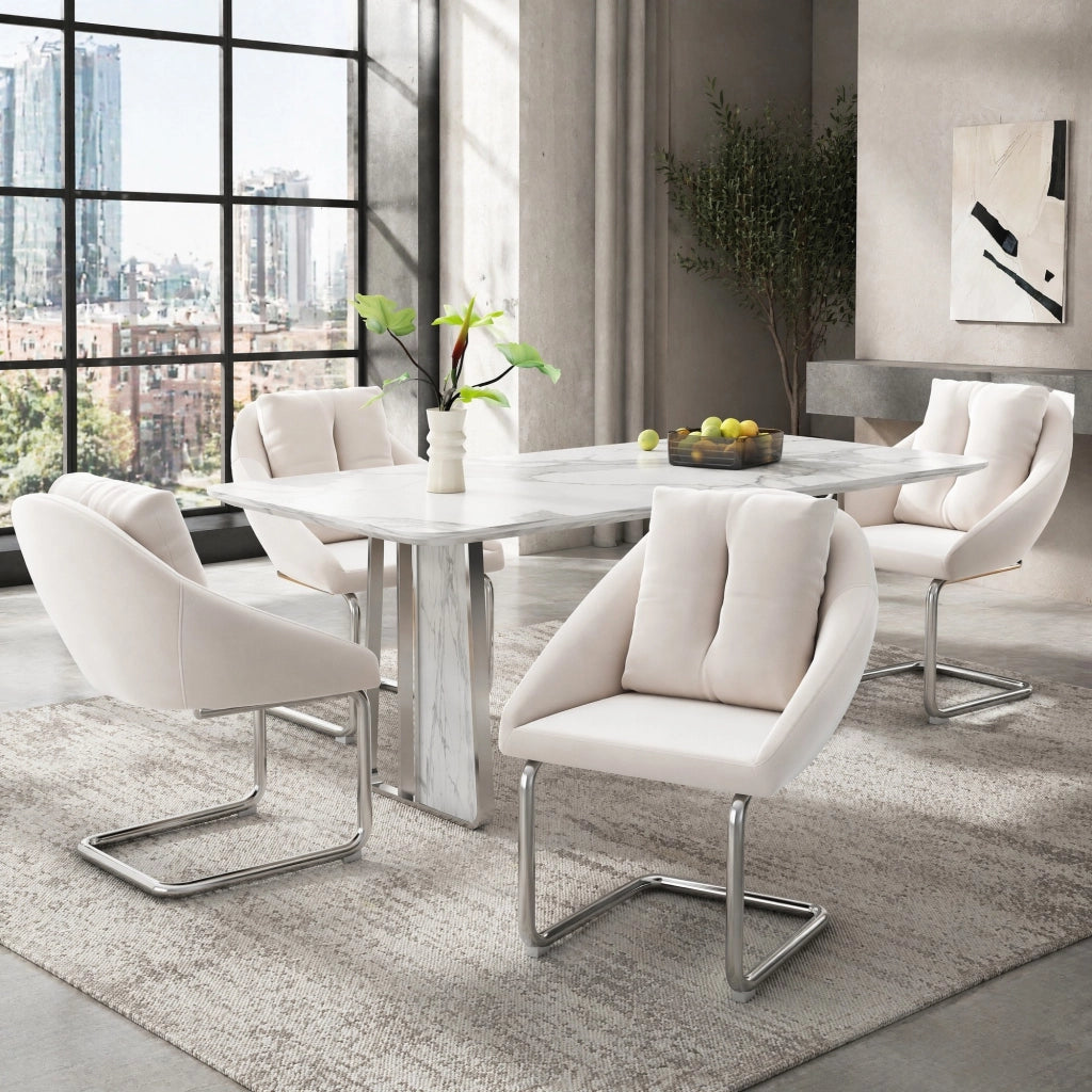 Sedie imbottite beige in velluto, confezione da 4 con struttura in metallo per uso quotidiano
