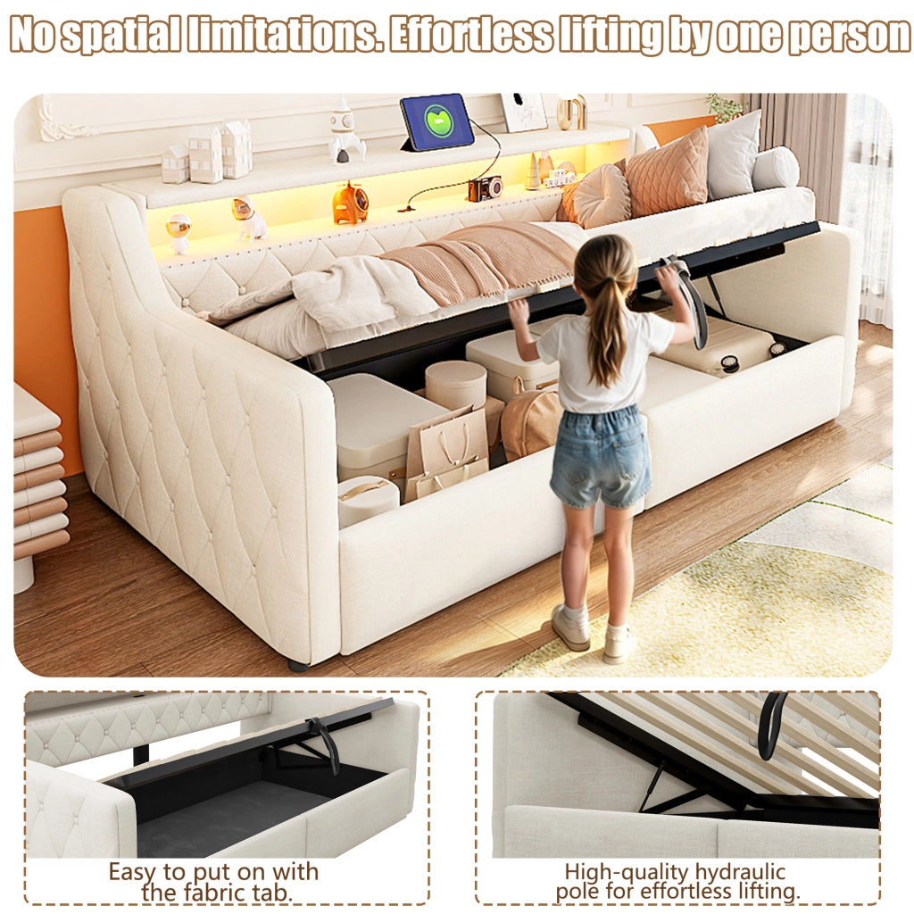 Letto contenitore 90 × 200 cm con vano idraulico LED; testiera sospesa USB e USB-C; lino e MDF beige