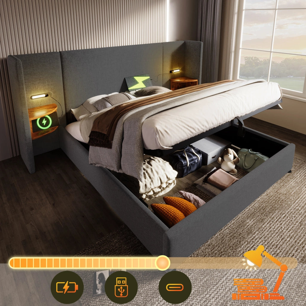 Letto matrimoniale 160×200 cm 2 posti con contenitore; mensola; lampada da lettura USB e Type-C; senza materasso; grigio