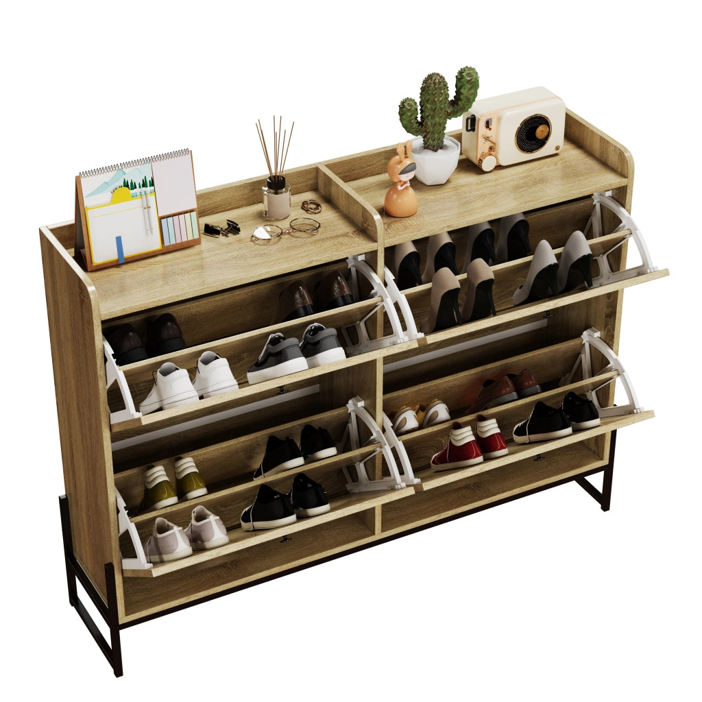 Mobile portascarpe in legno con 4 ante a ribalta, design arrotondato e ripiani salvaspazio