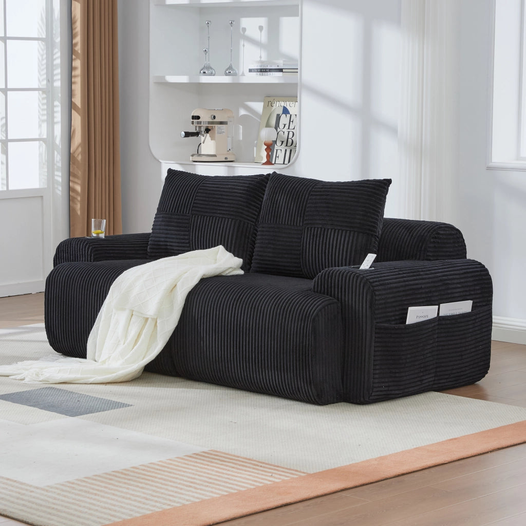 Divano modulare a 2 posti in velluto a coste nero con portabicchieri integrato e tasca laterale 200 × 99 × 80 cm