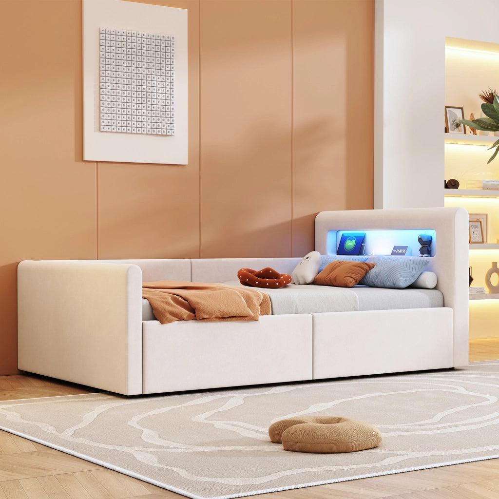 Letto singolo con contenitore 90 × 200 cm imbottito in velluto beige con LED; luce notturna; USB e rete a doghe