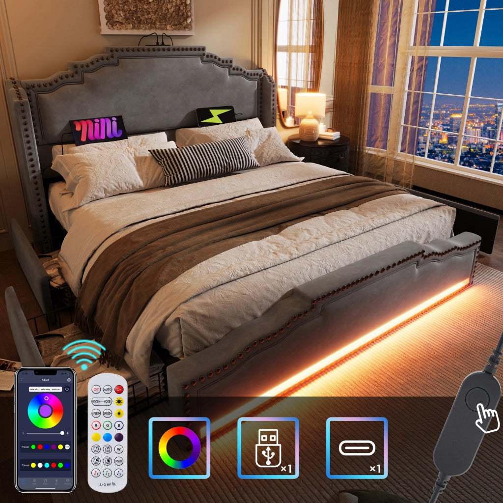 Letto contenitore matrimoniale 180 × 200 cm con 4 cassetti, LED, USB e USB-C, senza materasso, velluto grigio