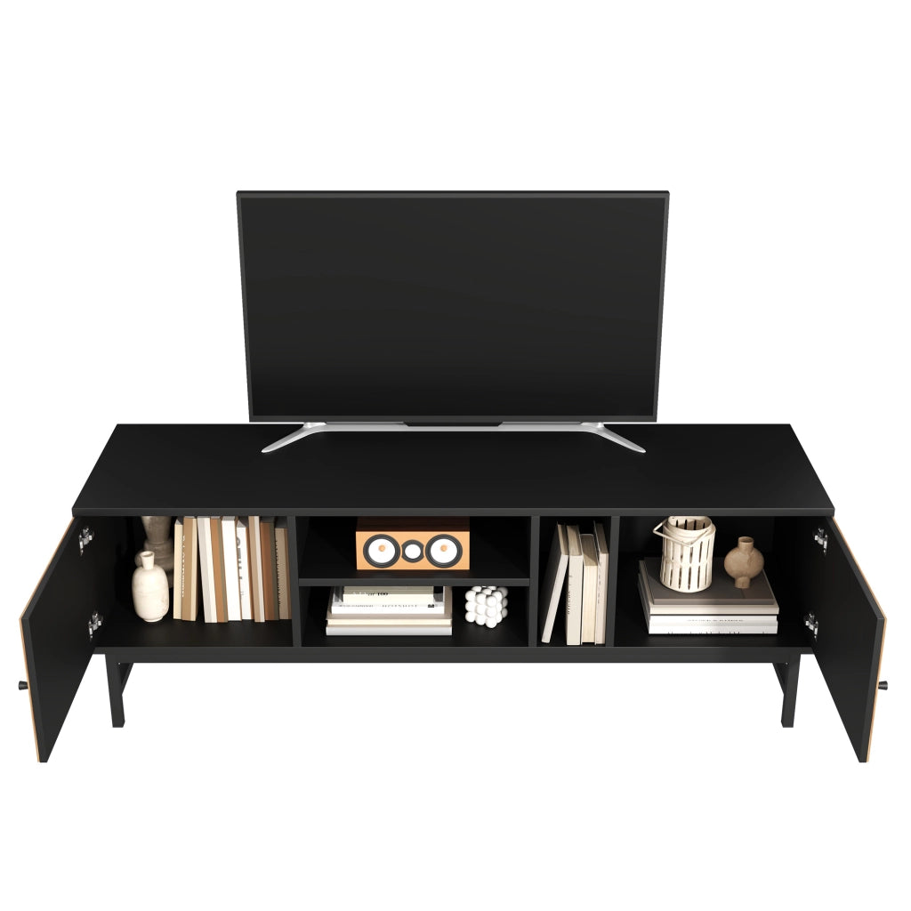 Mobile TV con 2 armadietti; 3 vani e gambe in ferro; in truciolato nero e naturale 150 × 38 × 50.5 cm