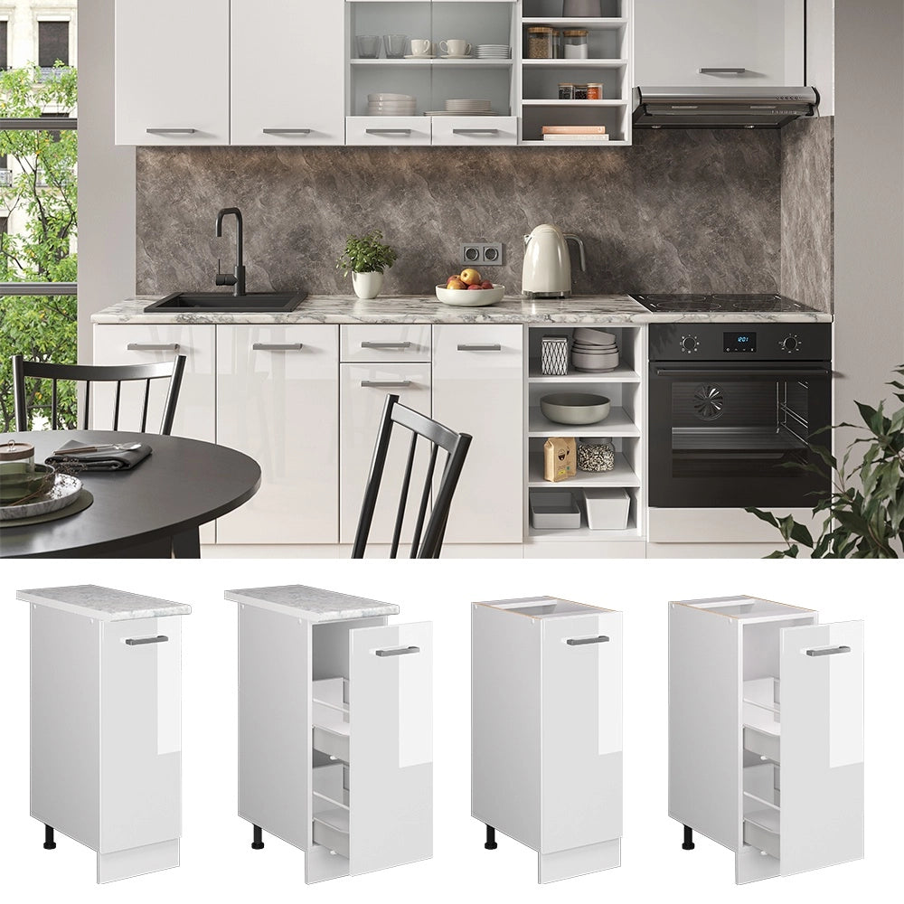 Armadio cucina dispensa alto R-Line Bianco lucido/Bianco 30 cm, PL Marmo Vicco