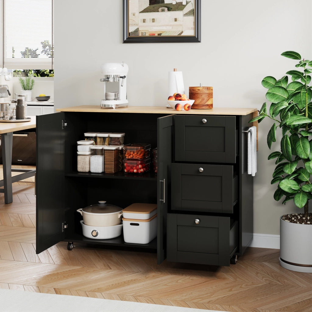 Carrello da cucina pieghevole con 3 cassetti e 2 ante; MDF; nero e naturale; 135 × 44/70 × 90 cm
