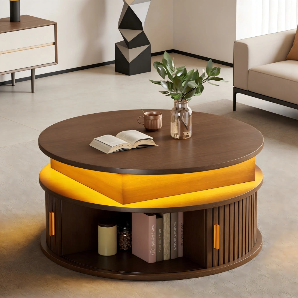 Tavolino rotondo regolabile 75x75x52 cm con LED, vani e porte avvolgibili in MDF noce