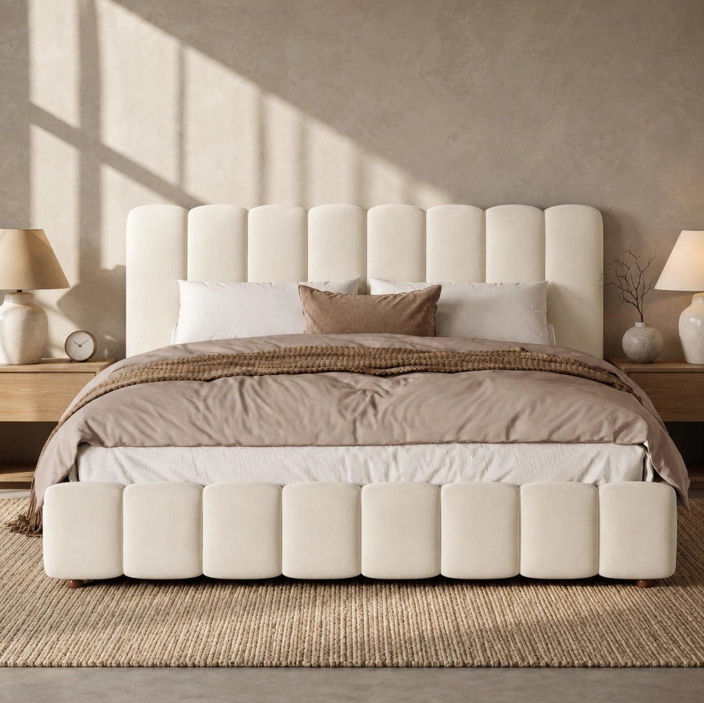 Letto matrimoniale imbottito ULEVR 180x200 cm con contenitore idraulico e rete a doghe, velluto beige