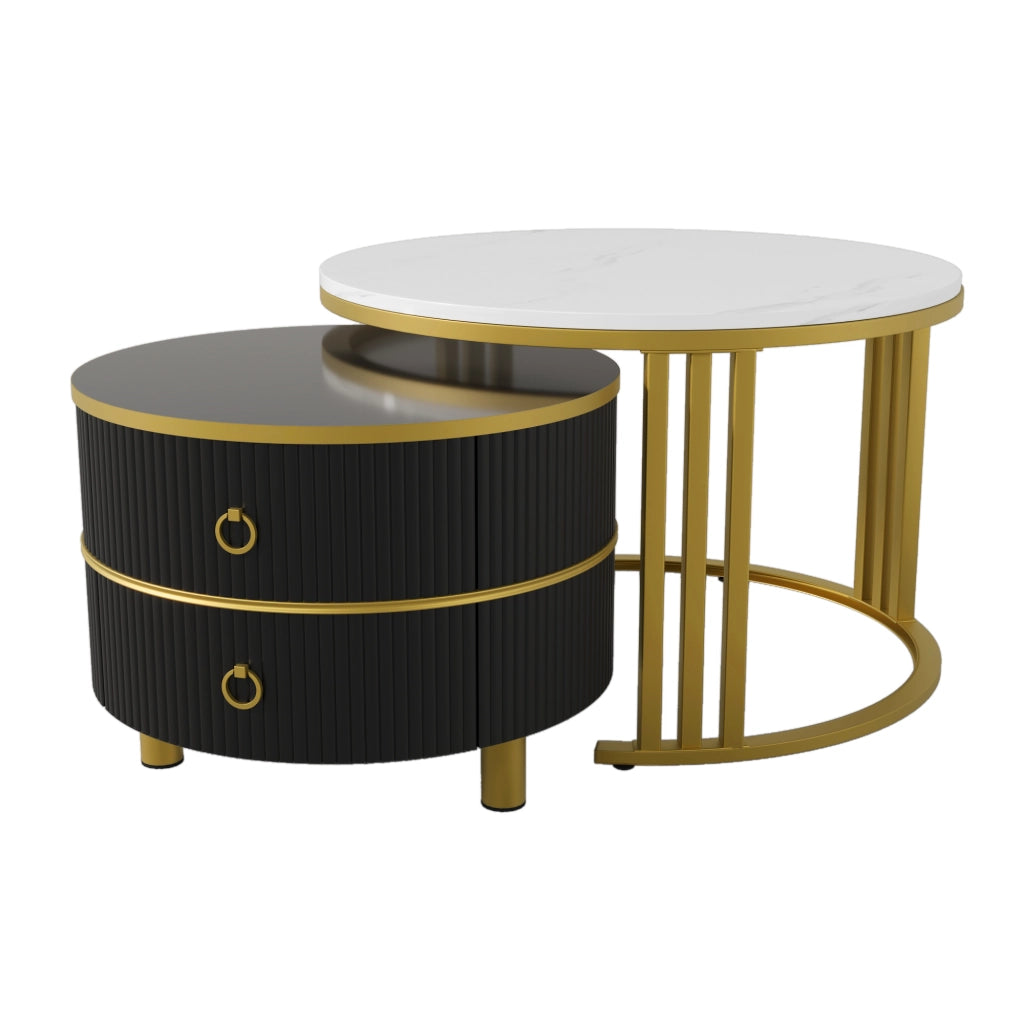 Tavolini da salotto impilabili rotondi con 2 cassetti e piano effetto marmo lucido, in MDF e metallo, nero e oro