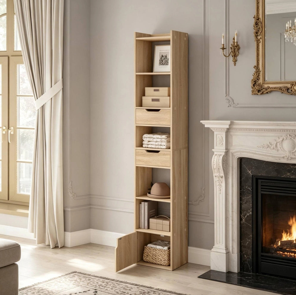 Libreria verticale moderna in legno E1, 33x181x24 cm, color rovere chiaro, con ripiani e cassetti