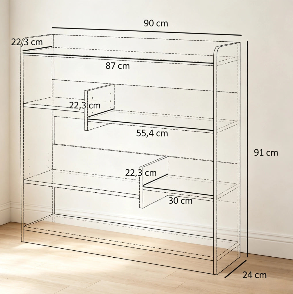 Libreria moderna bianca in truciolato E1, 90x24x91 cm, con 4 ripiani regolabili