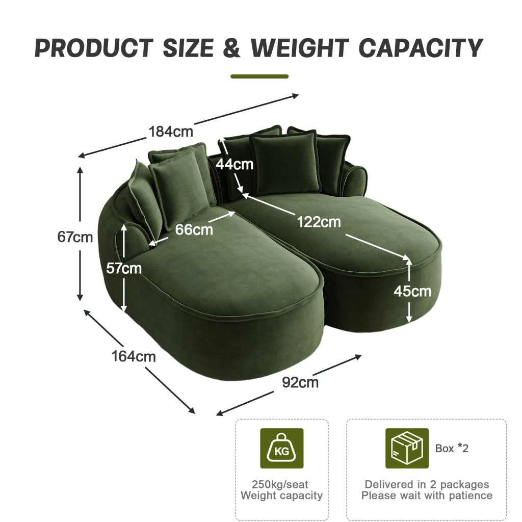 Divano modulare trasformabile con chaise longue profonda e cuscini, design senza struttura in ciniglia verde