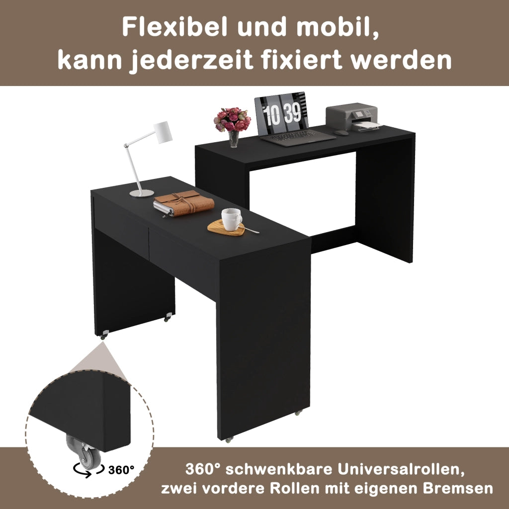 Scrivania pieghevole multifunzionale 2 in 1 con 2 cassetti e 4 ruote frenate, per camera, nero, 110 × 40 × 78 cm