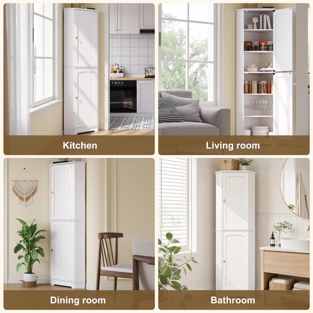 Armadio angolare con ripiani regolabili e 2 ante ad arco in MDF bianco per cucina e soggiorno 42 × 42 × 166 cm
