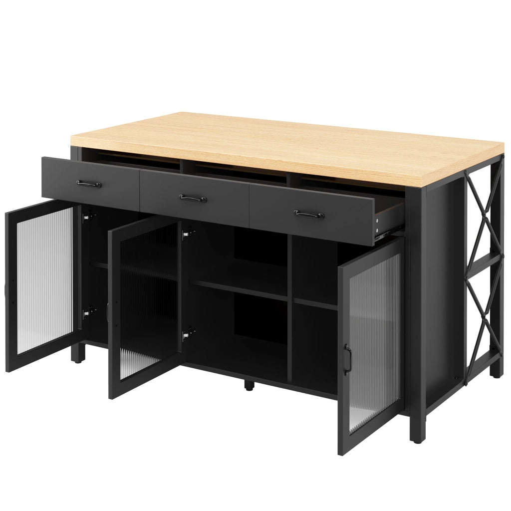 Isola da cucina industriale con 3 cassetti, ante in vetro, piano in legno 150x80x90 cm, illuminazione LED, piedini regolabili nero e naturale