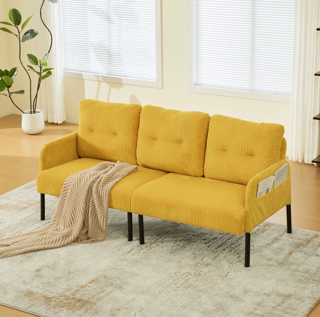 Divano 3 posti 171x72x80 cm con tasca laterale in velluto a coste giallo
