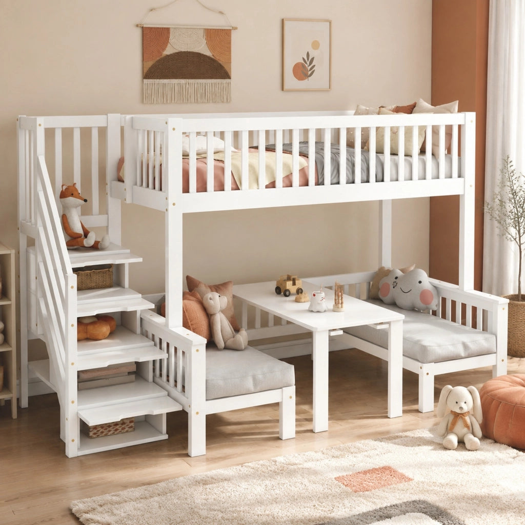 Letto a castello bianco con tavolo ribaltabile e scala contenitore