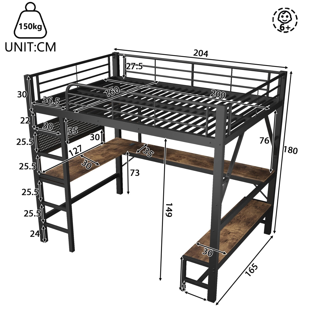 Letto a soppalco 160 x 200 cm; scrivania; ripiani; sponde di sicurezza; scala; USB/USB-C; striscia LED; pannello forato; telaio in ferro; nero