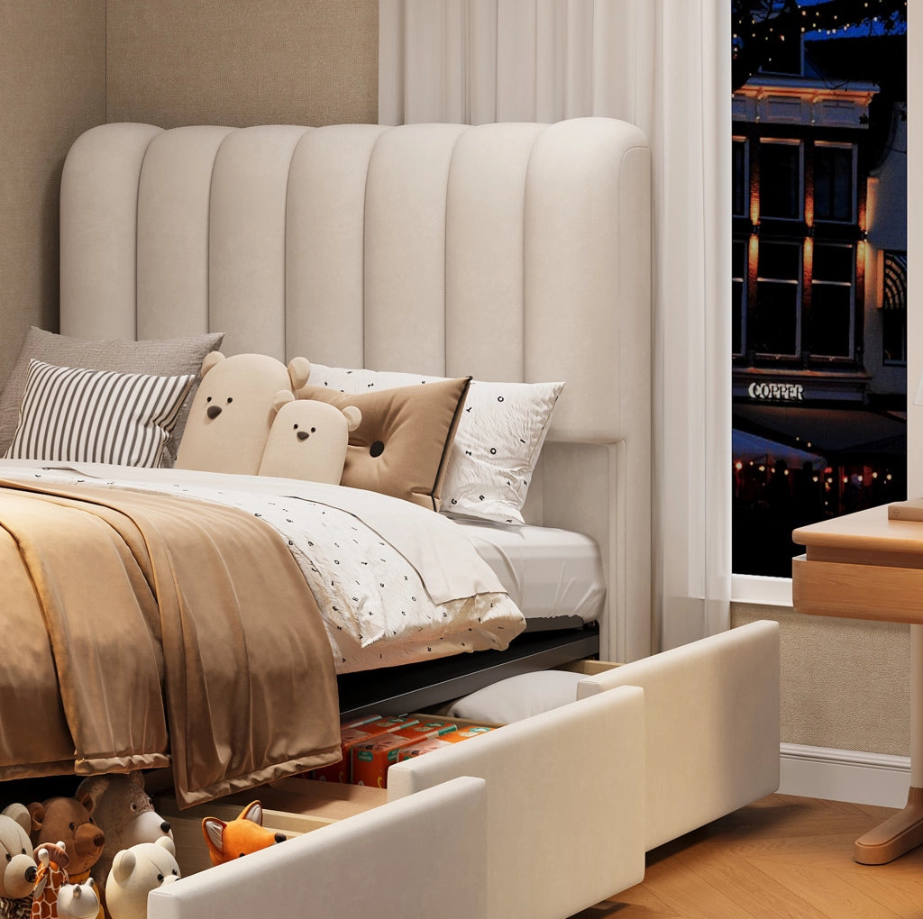 Letto singolo contenitore per bambini 90x200 cm con 3 cassetti e LED in velluto beige HOMVRA