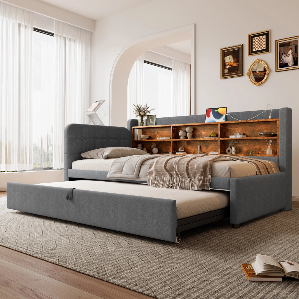 Letto estraibile singolo 90×200 cm con USB; Type-C; testiera con ripiani; senza materasso; lino; grigio