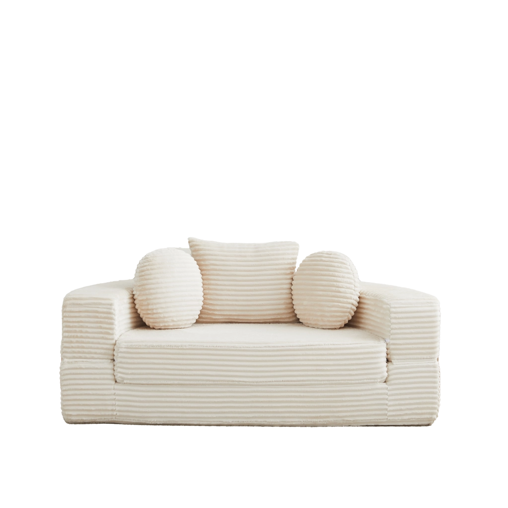 Divano Letto 4 in 1 in Velluto a Coste; Trasformabile; Beige; per Soggiorno e Spazi Compatti