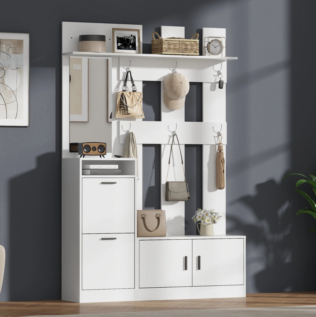 Armadio ingresso bianco con specchio, appendiabiti, scarpiera ribaltabile e seduta 120x30x180 cm in MDF