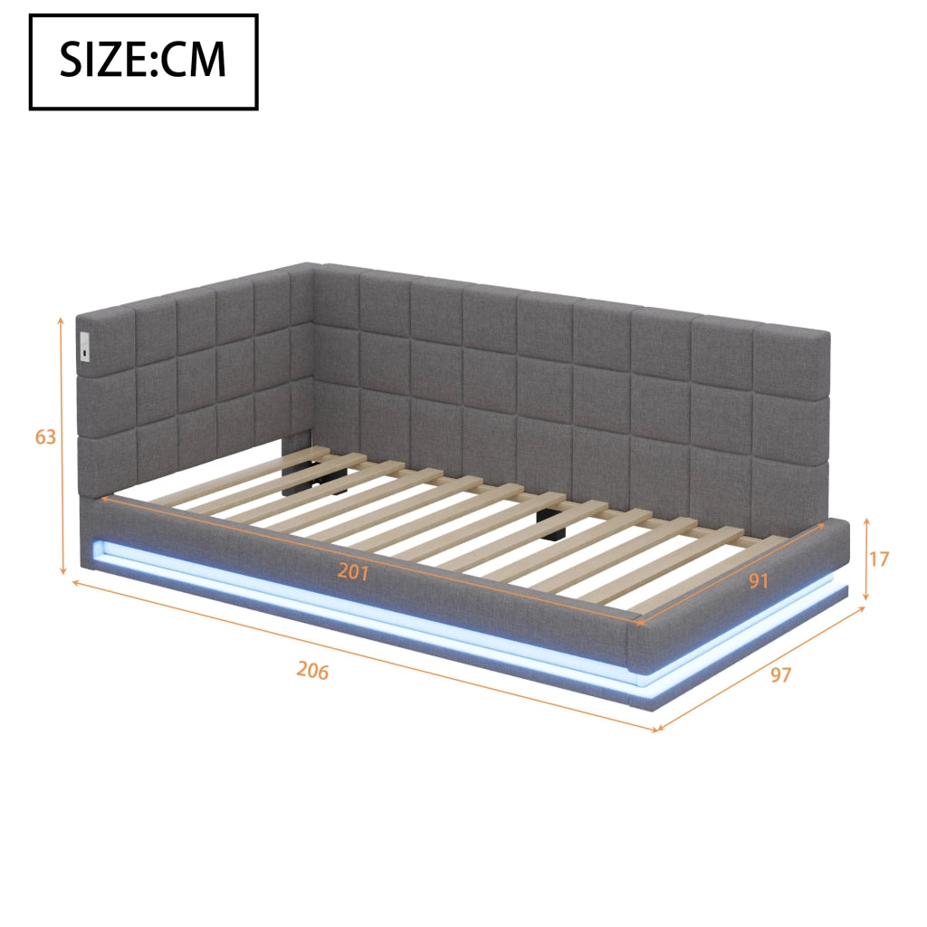 Divano letto 90 x 200 cm con LED multicolore via smartphone e USB, letto multifunzione in lino grigio con rete a doghe