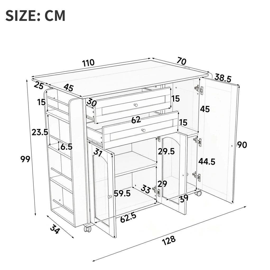 Isola cucina mobile 110 cm con piano di lavoro ribaltabile, carrello su ruote con 2 cassetti, ante in vetro, scaffale laterale e ampio spazio di stivaggio, bianco e naturale
