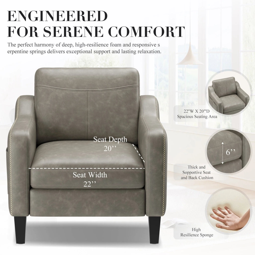 Poltrona moderna in PU in stile Mid-Century con vano portaoggetti laterale, comfort ergonomico per soggiorno e ufficio, grigio
