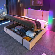Letto imbottito beige 140 x 200 cm con LED, ricarica USB e Type-C
