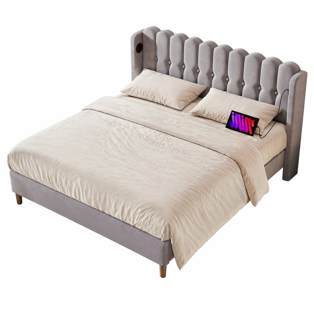 Letto matrimoniale imbottito 180 ¡Á 200 cm con testiera a pannello USB e Type-C in lino grigio con rete a doghe