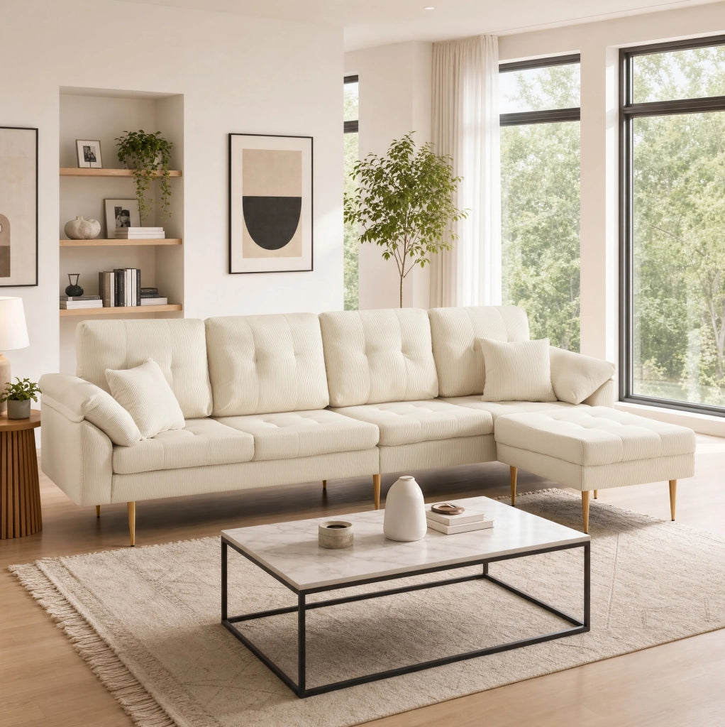 Divano 4 posti moderno in tessuto vellutato con pouf versatile, struttura in ferro da 20 cm, 250 cm, colore crema bianco